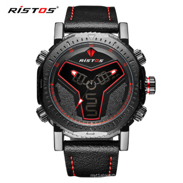 RISTOS 9341 Multifunction Leather Watches Men Fashion Sport Quartz Watch Reloj Masculino Hombre Digital Analog LED Wristwatch